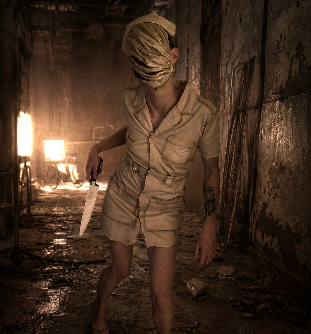 Silent Hill nurse cosplay in a weathered hallway