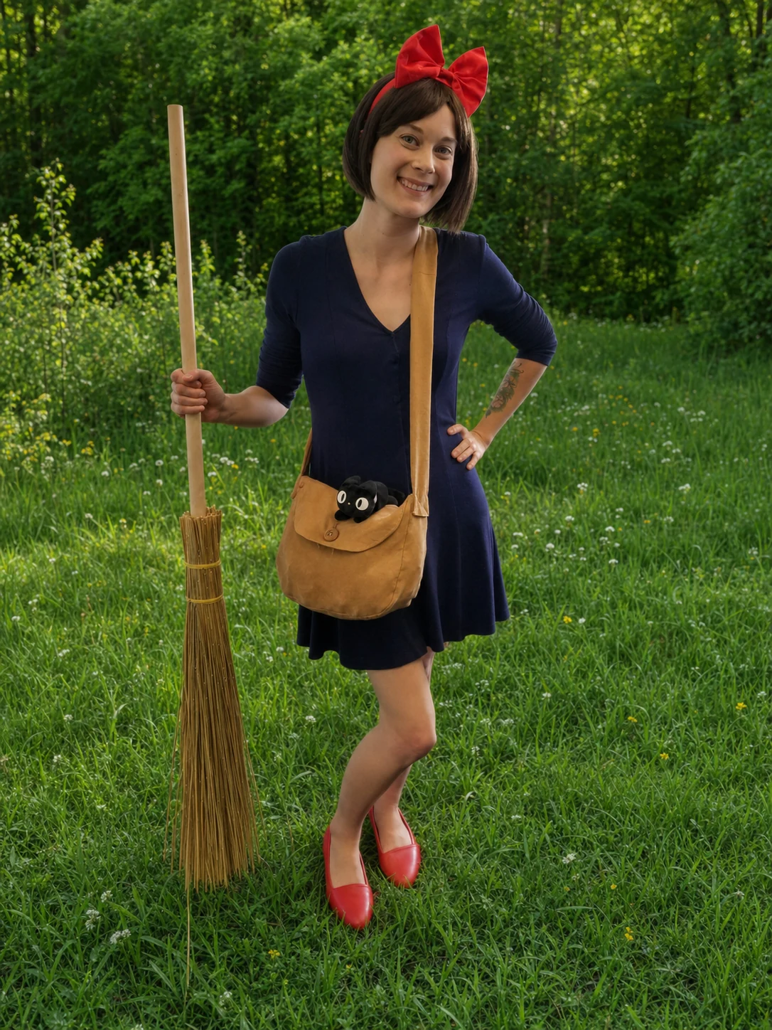 Kiki cosplay with a red bow, broom, and shoulder bag in a green forest